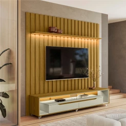 Painel Ripado com Led London 177cm e Rack Loop com Rodízios TV 70 Polegadas – Olivar Móveis