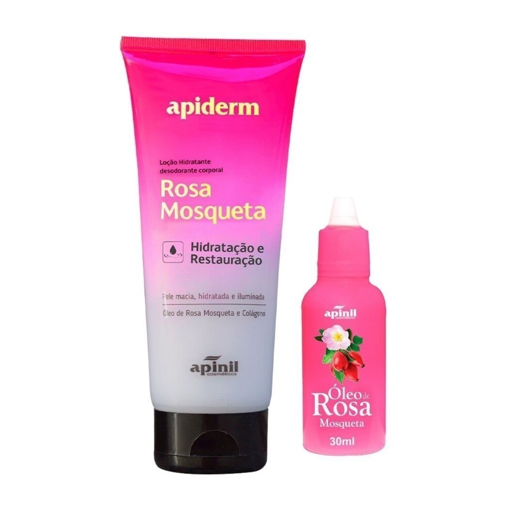 Kit Rosa Mosqueta Hidratante 200ml + Óleo de Rosa Mosqueta 30ml Apinil Efeito Clareador Adeus as Manchas