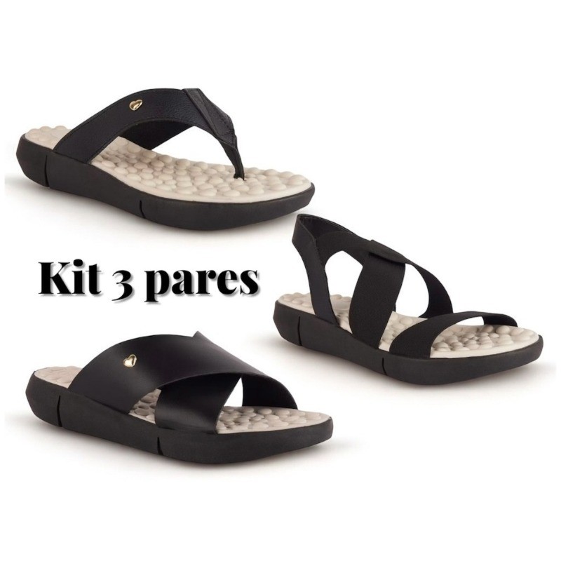 Kit 3 Pares Feminino Ortopédico Sandália + Chinelo + Tamanco Conforto e Bem-Estar