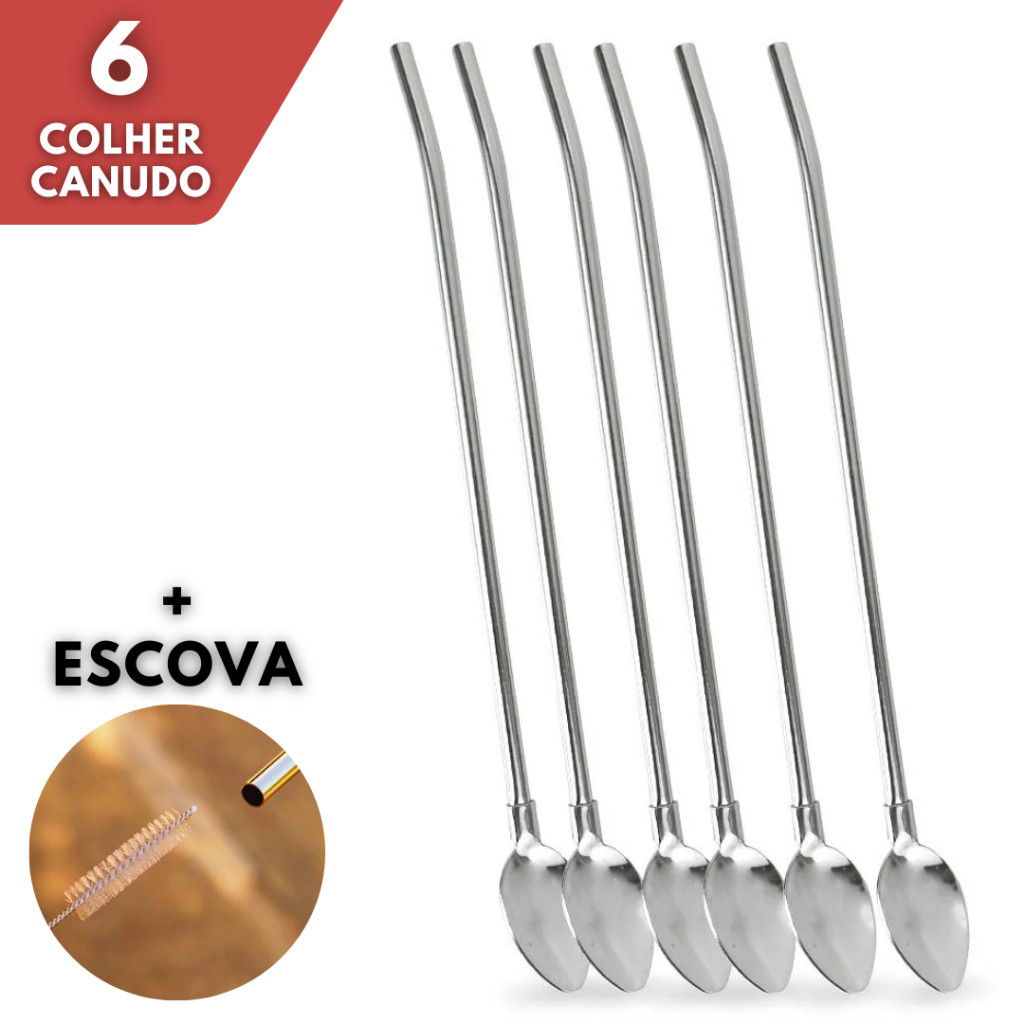 Kit 6 Colher Canudo Aço Inox Mexedor Drinks Bebidas Bar + Escova de Limpeza 22cm P.HQ