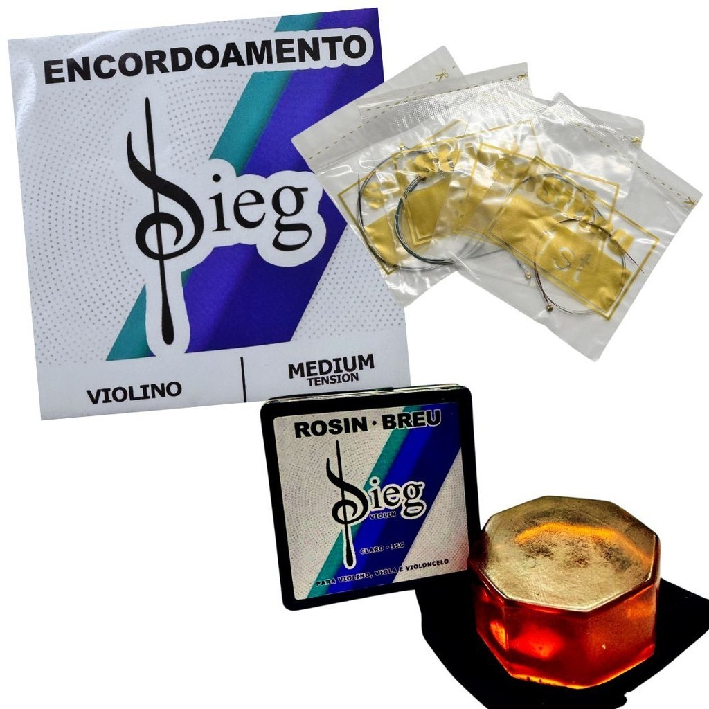 Kit Encordoamento Completo p/ Violino - Sieg Medium -3/4 - 4/4 + Breu Sieg Rosin