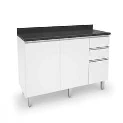 Balcão Cozinha Com Tampo 1,20m 2 Portas 3 Gavetas Branco