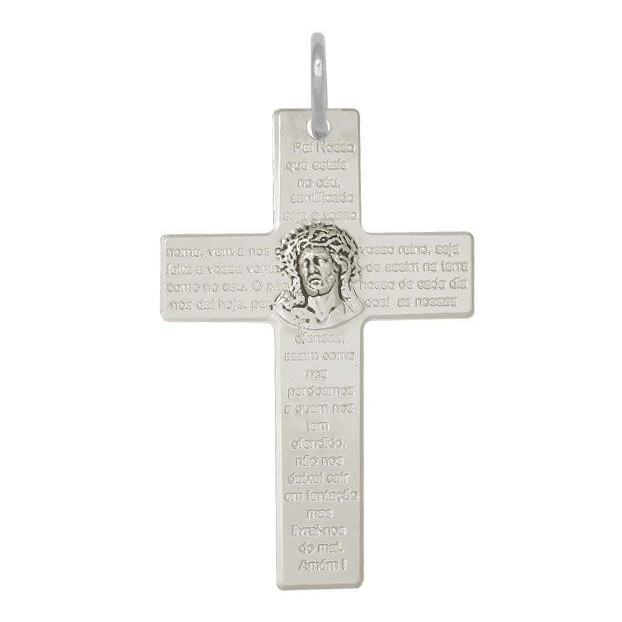 Pingente cruz oração Pai Nosso e face de Cristo prata 925 - Fashion Accessories