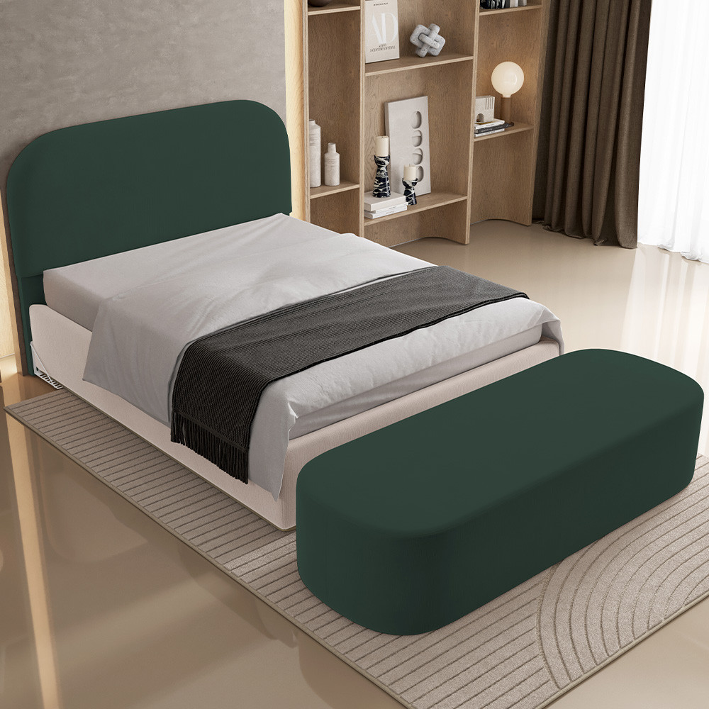 Cabeceira Cama Box Casal 195cm Lanna com Puff Recamier Doha W01 Suede Verde Musgo - Lyam Decor