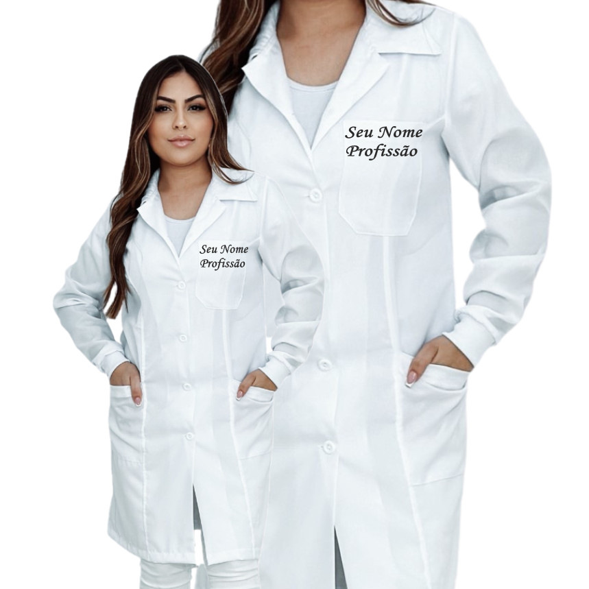 Jaleco Personalizado Feminino Modelo Tradicional Manga Longa Oxford, Bordado Nome e Profissão no Bolso Superior