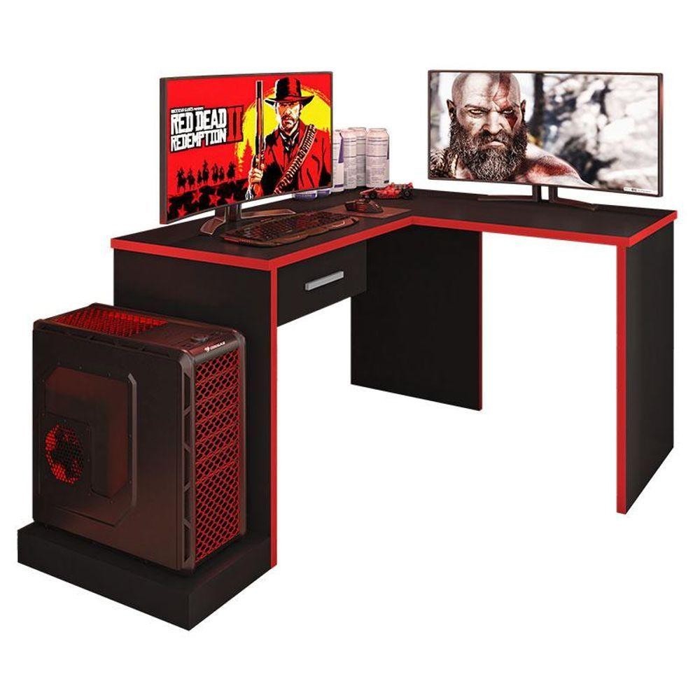 Mesa Para Computador Gamer Drx 9000 Com Extensora Preto Trama Vermelho - Móveis Leão - Home & Living