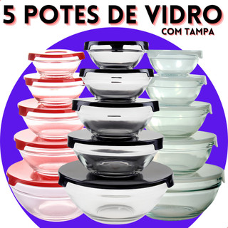 Conjunto Tigela Vidro Bowl Marmita Tampa 5 Peças Herméticos