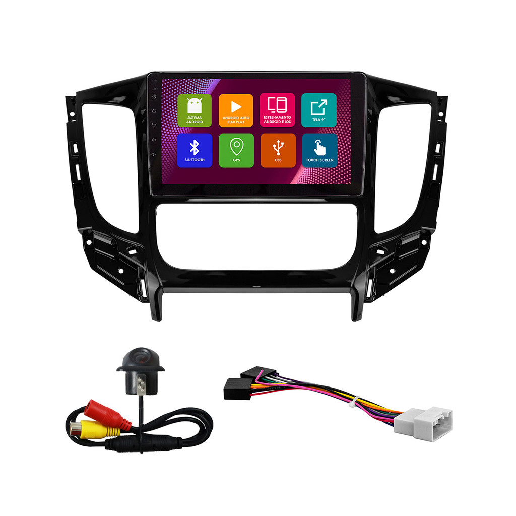Kit Multimídia 9 Pol L200 Triton 2016 2017 18 19 20 21 2022 2023 Android 2Gb Ram 32Gb Flash Quad-Core 2 Din Black Piano