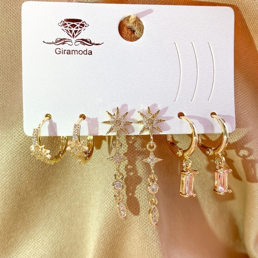 Kit 3 Pares brincos cravejado pedra de zirconia argolinha pingente folheados a ouro18k e prata 925 — imagem 2 de 2