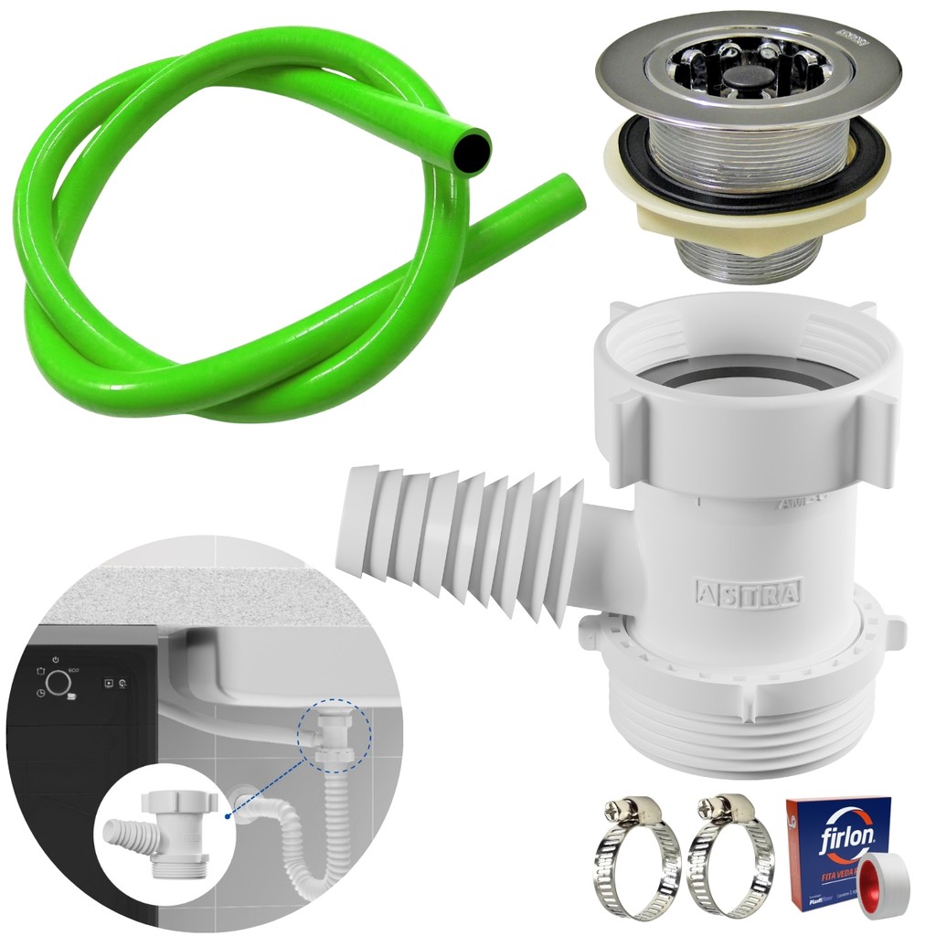 Adaptador p/ Máquina Lavar Louça c/ Mangueira, Válvula Americana, Abraçadeira 1” e Fita Veda Rosca
