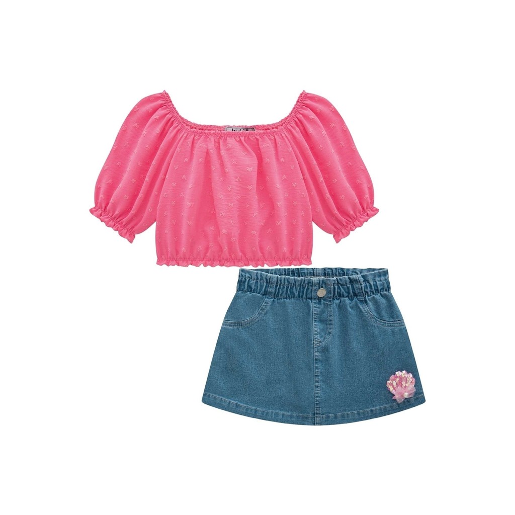 Conj Blusa Ciganinha Neon Short Saia Jeans Kukiê