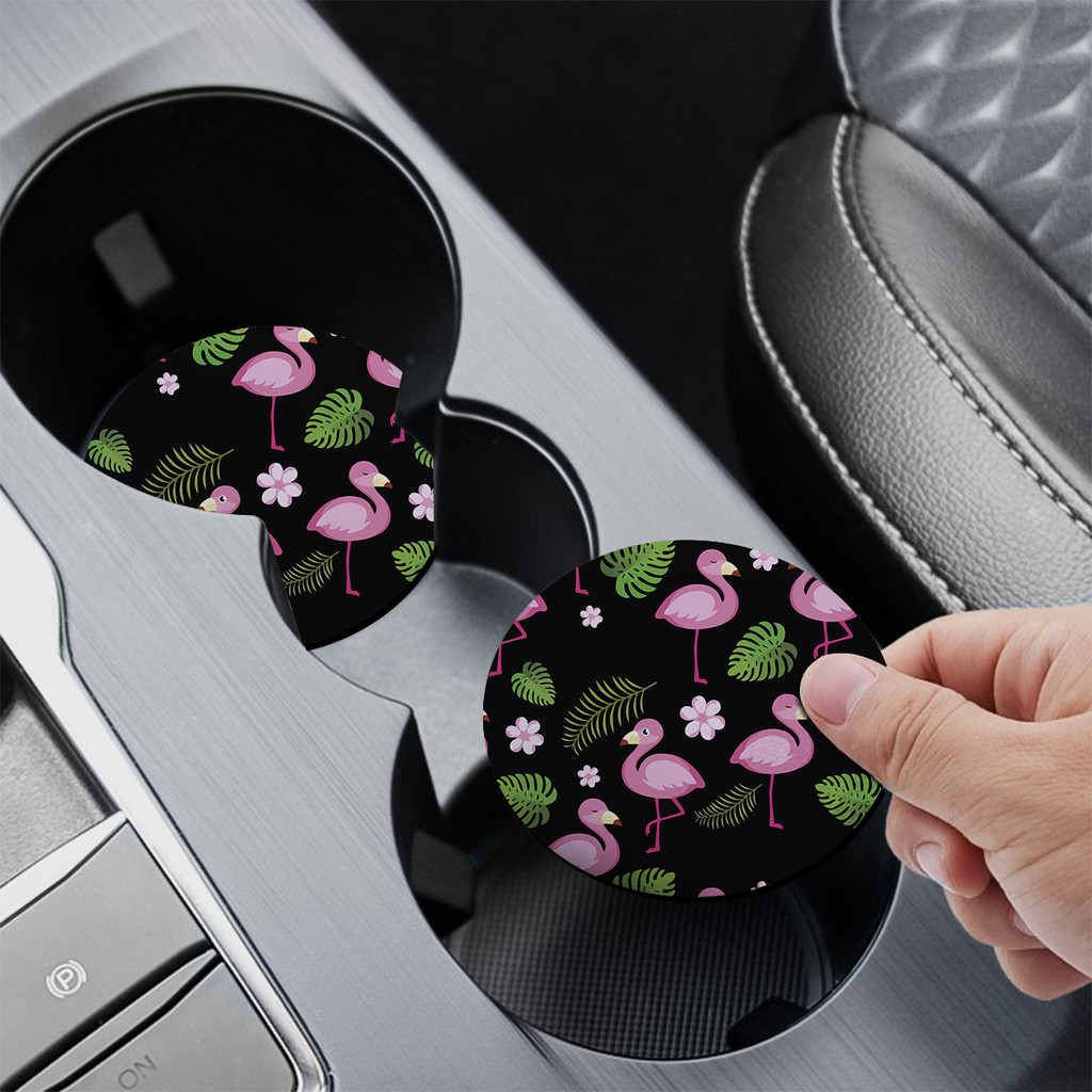 Porta Copo para Carro Flamingo Rosa Folhas Verde