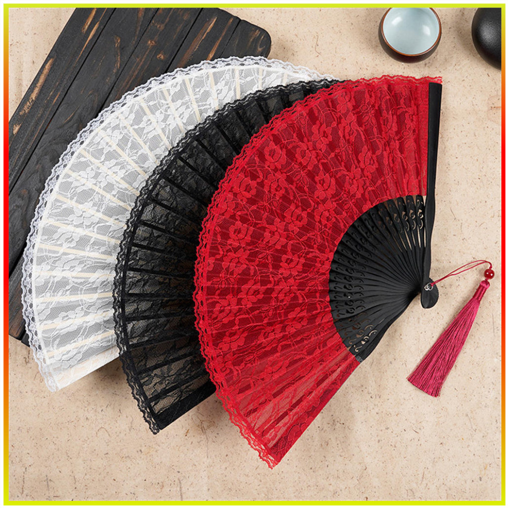 Ventilador De Bambu Para Senhoras Artesanato Renda Dobrável Preto Antigo Hanfu Cheongsam Dança Feminina
