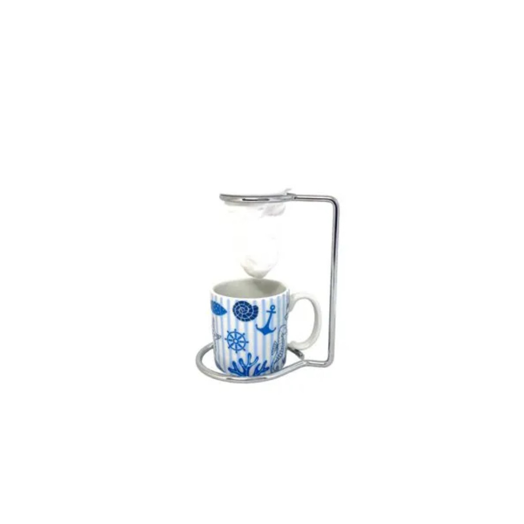 Kit Caneca Cerâmica Náutica 100ml Suporte Aço Inox Coador Pano Individual Conjunto