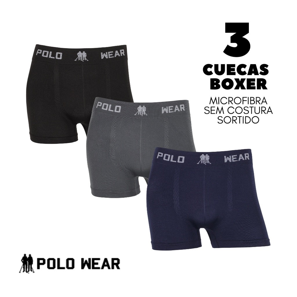 Kit 3 Cuecas Boxer Polo Wear Sem Costura em Microfibra Lisa em Oferta na Shopee