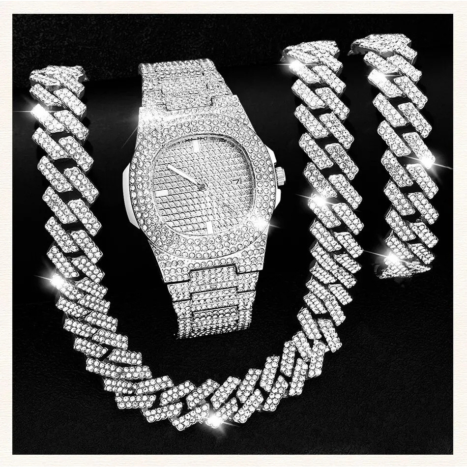 Novo Relógio Masculino Estilo Hip Hop Conjunto Corrente Cubana Joia Colar Pulseira com Diamantes Completa Acessórios