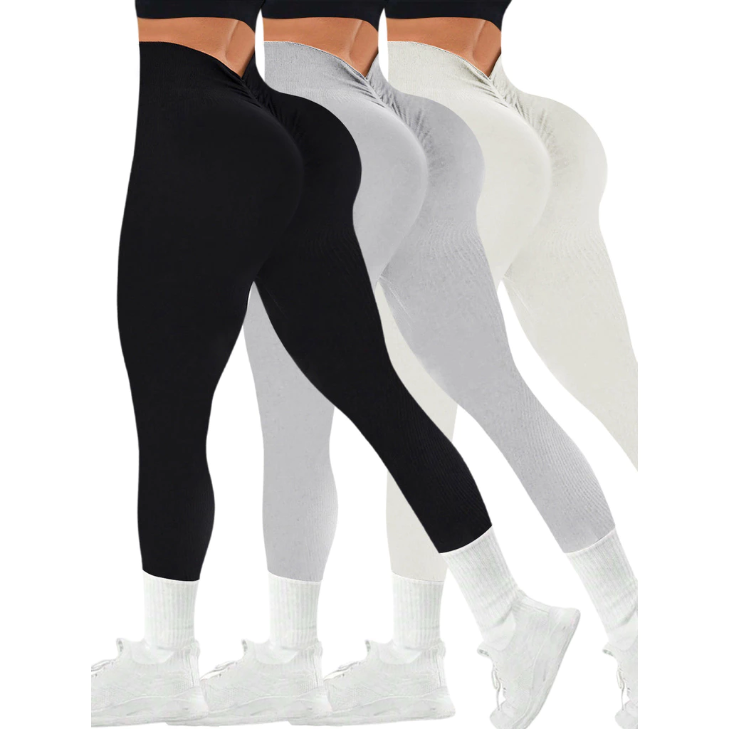 HNYHWKR Legging Esportiva Canelada Cintura V Sem Costura Alta Elasticidade Treino Corrida Feminino