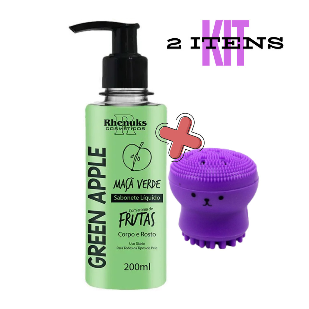 Kit Sabonete Líquido Corpo e rosto maçã verde RHENUKS + 1 Esponja Limpeza Para Rosto Polvo Esfoliante