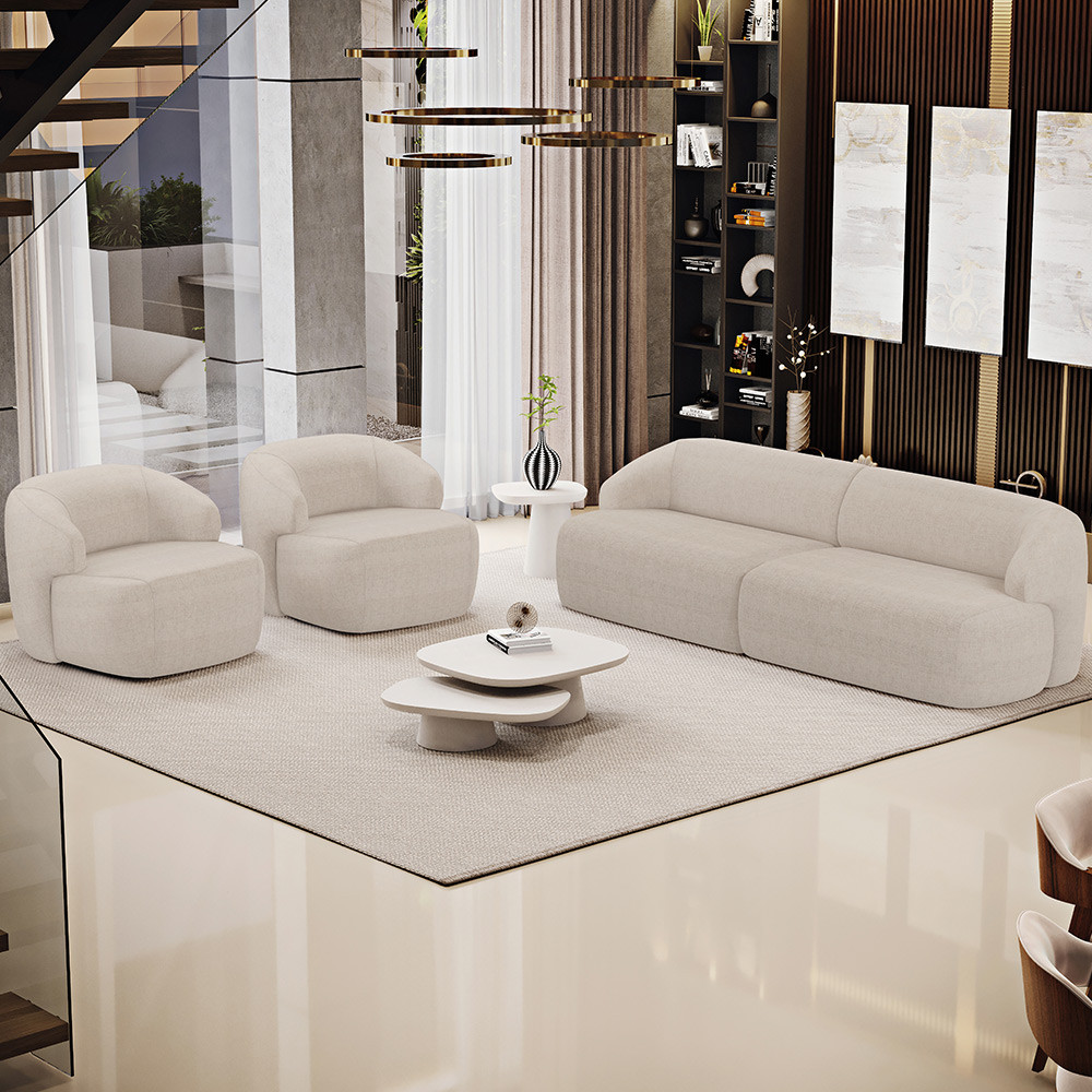 Sofá 3 Lugares Curvo Orgânico com 02 Poltronas Para Sala Living 220cm Barolo L06 Linho Bege - Lyam Decor