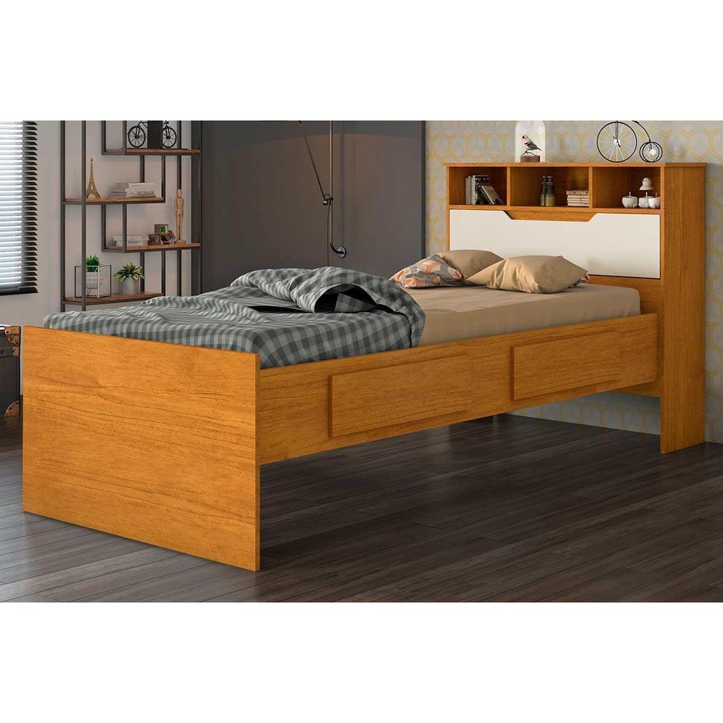 Cama Solteiro Ravena c/ 2 Gavetas Cinamomo/Off White - Conquista - Home & Living