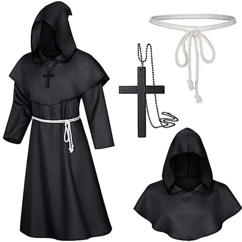Halloween Assistente Traje Cosplay Medieval Com Capuz Robe Monge Friar Robes