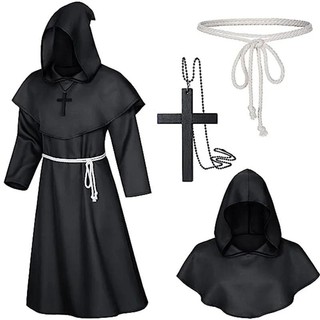 Halloween Assistente Traje Cosplay Medieval Com Capuz Robe Monge Friar Robes