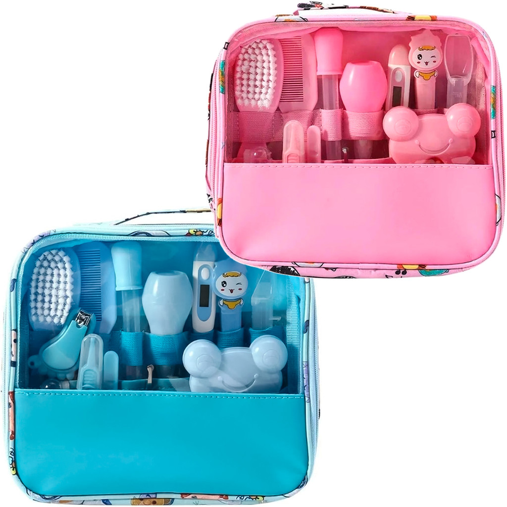 Kit Necessaire Cuidados Higiene P/ Bebê Termômetro Tesoura Escova 13 Peças