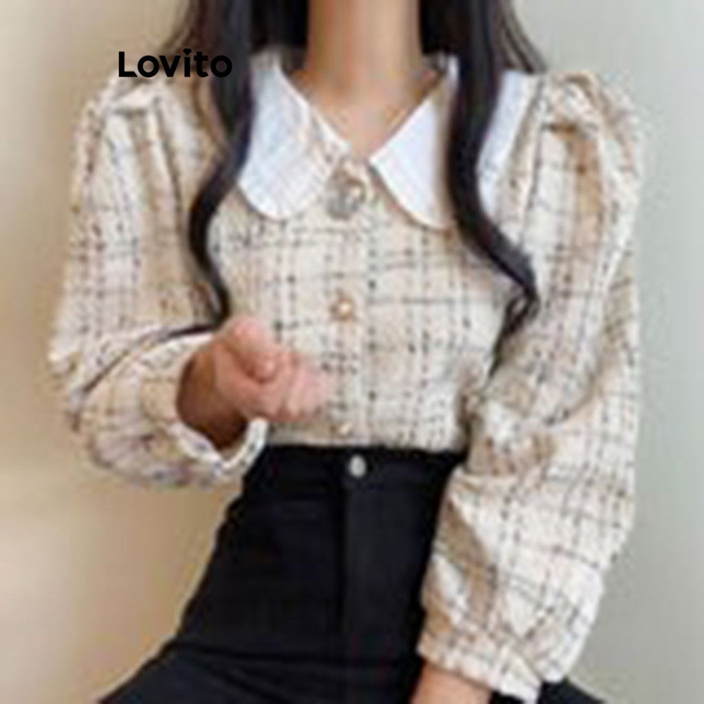 (Trendy) Lovito Blusa Casual Blusa Lisa Com Gola Contrastante Para Mulheres L106AD780 - Women Clothes