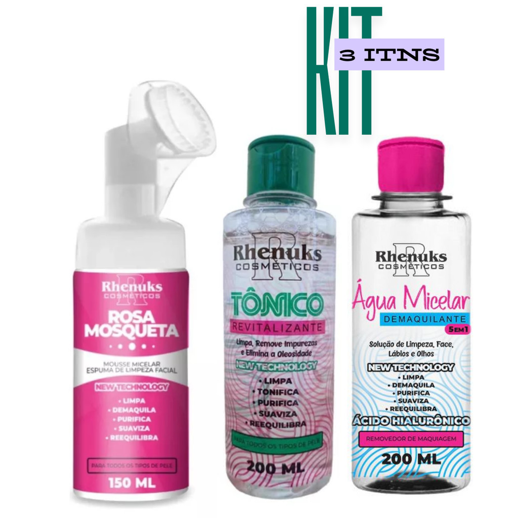 Kit MOUSSE MICELAR ROSA MOSQUETA + Tônico Revitalizante + Agua Micelar Rhenuks em Oferta na Shopee