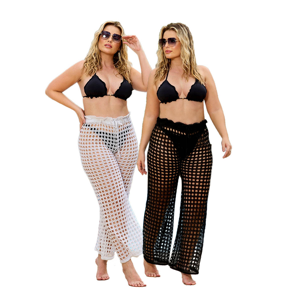 kit Calça de Praia 2 unidades Saída de Praia Plus Size Calça Pantalona Furinhos Croche