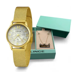Kit Relógio Lince Feminino Dourado Original Aço Inox Pulseira Esteira com Caixa de Presente LRGM025L32K0F0B2KX