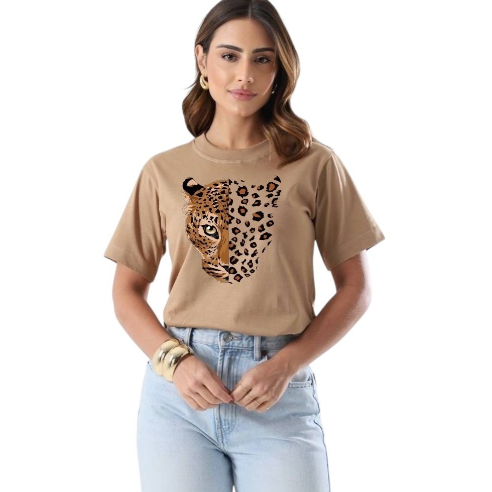 Camiseta Feminina Oversized Personalizada Animal Print Onça Despojada Streetwear 100% Algodão