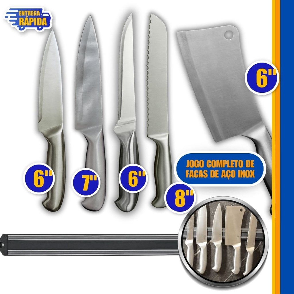 Kit 6 Peças Faca Peixeira de 6'' e 7" Faca de pão 8" Cutelo 6" Inox Peixeira, barra magnética 50 cm