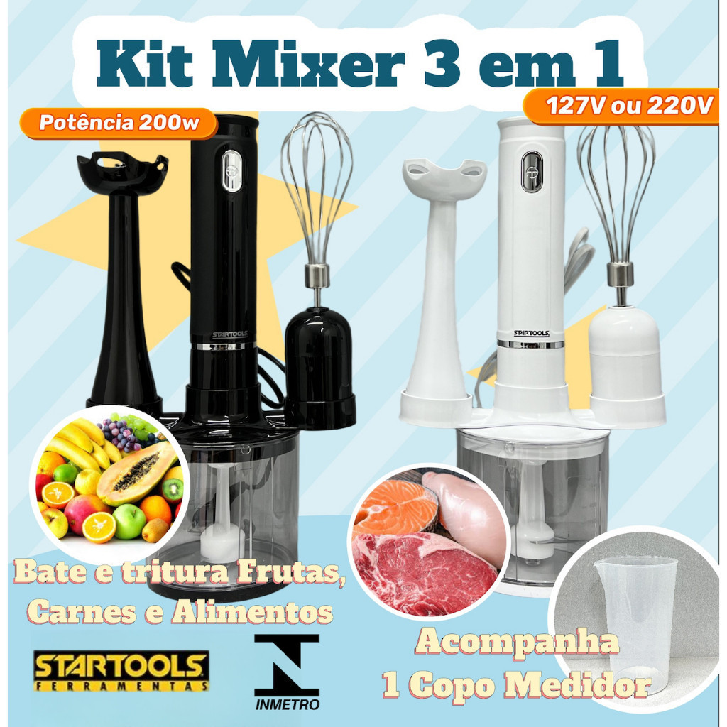 Kit Mixer Triturador 3 em 1 Elétrico Bate Alimentos 127V Ou 220V Processador 200W Inmetro Startools