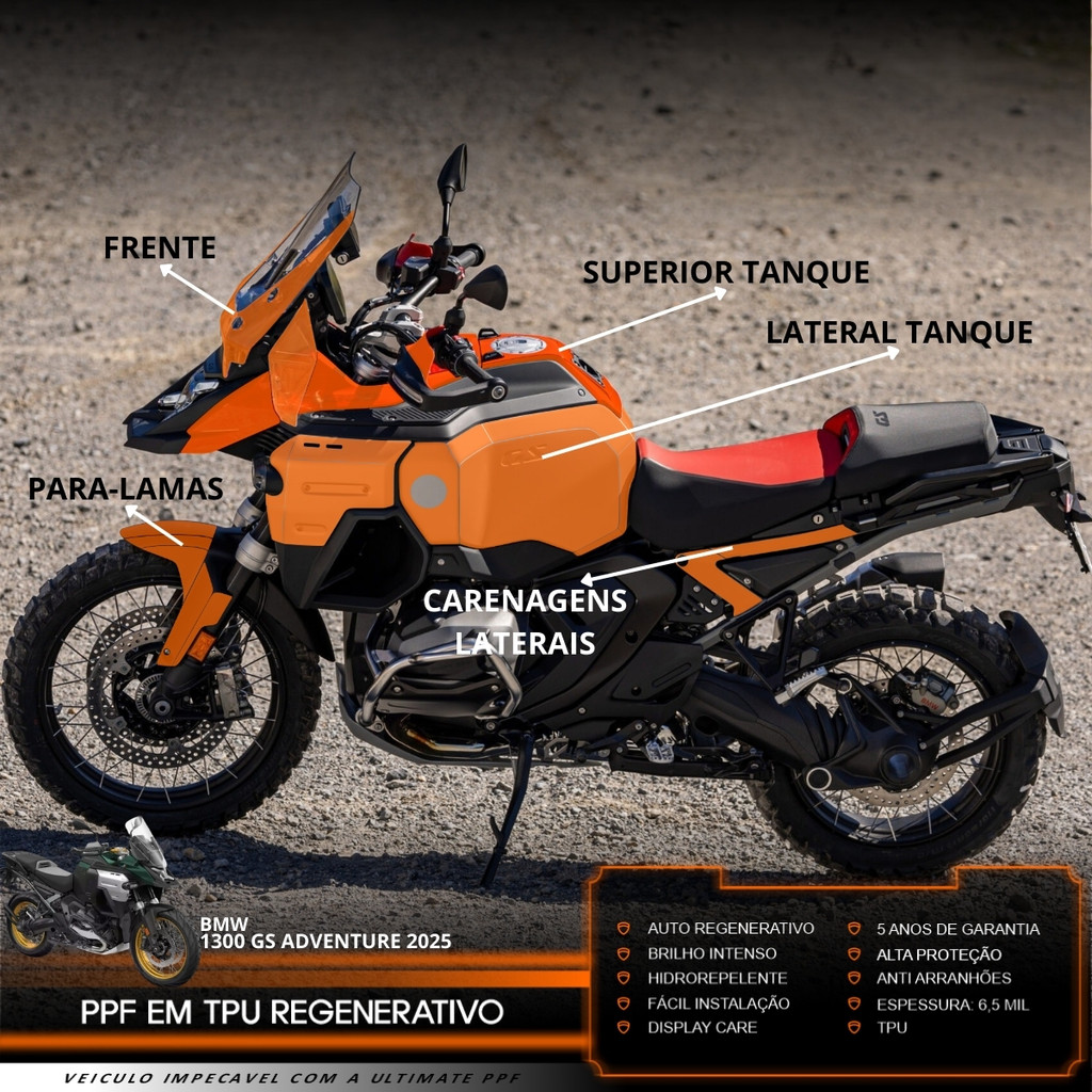 Película PPF Proteção Kit Full Moto BMW R 1300 GS Adventure 2025 Transparente TPU Anti Risco