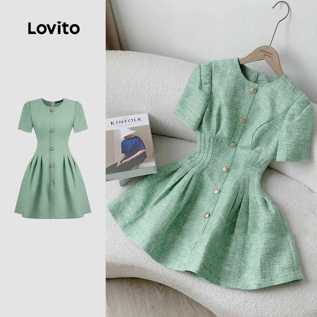 Lovito -  Vestido Elegante com Pregas Fivela de Metal Primavera/verão Vestido Verde para mulheres L137ED489