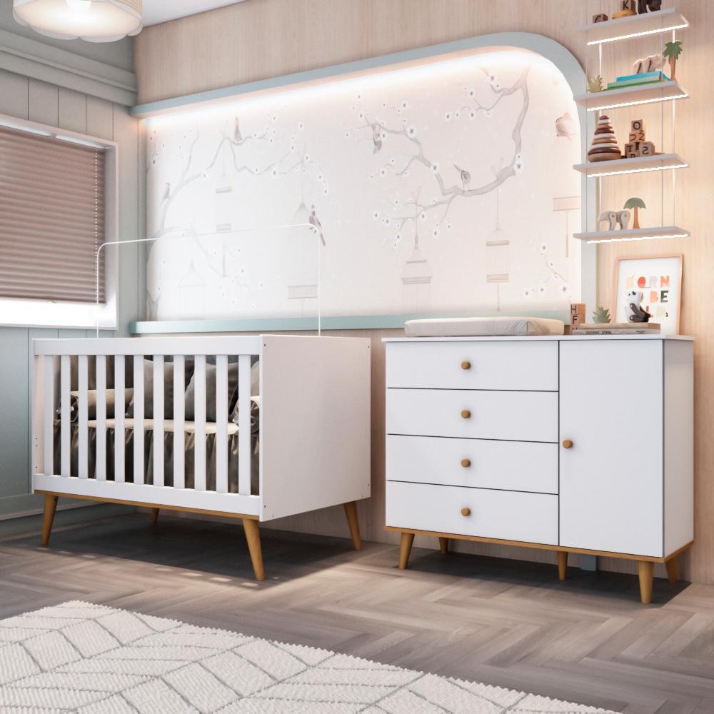 Quarto Bebê Completo Lígia Berço Americano 3Em1 Ludmila Cômoda 4 Gavetas 1 Porta 100% MDF Quarto Bebê Completo Lígia Berço Americano 3Em1 Ludmila Cômoda 4 Gavetas 1 Porta 100% MDF