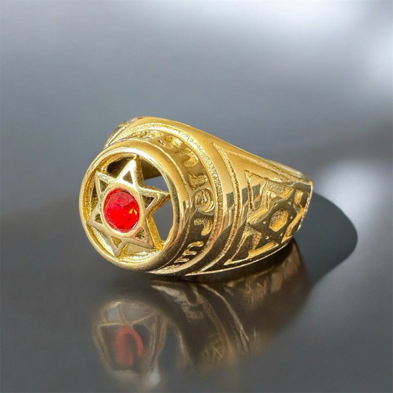 Anel - Meia Aliança Dedeira Estrela de Davi Ouro com Pedra Rubi Inox 15mm 1 unidade