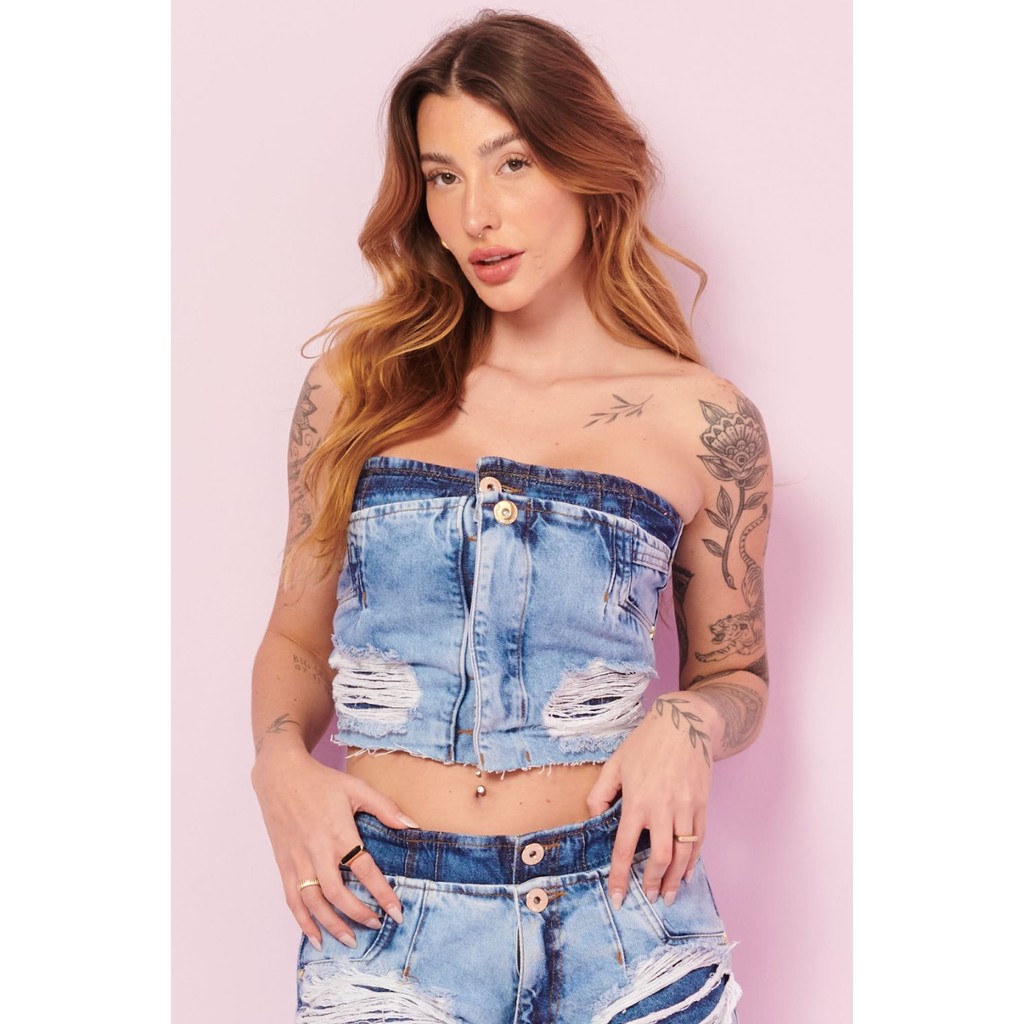 Top Feminino Sem Mangas Com Puidos Planet Girls Jeans Claro - Women Clothes
