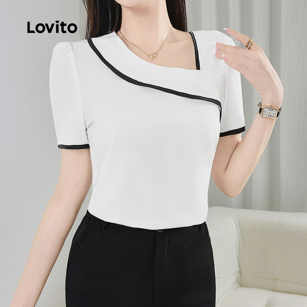 Lovito Blusa Elegante Lisa Colorblock Primavera/Verão Branca Para Mulheres L134ED1002 - Women Clothes