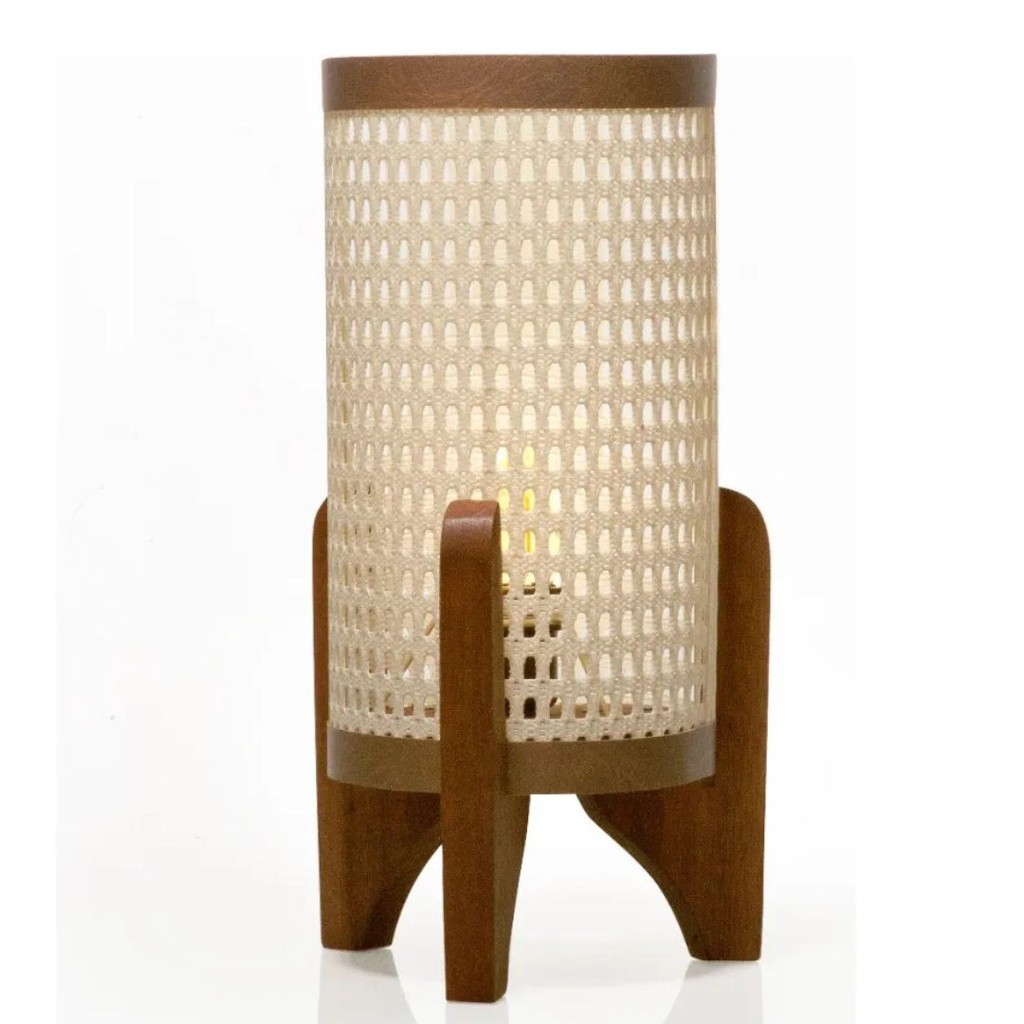 Luminaria Abajur de Mesa Pes madeira Criado Mudo Cabeceira Quarto Sala Palha Ravely