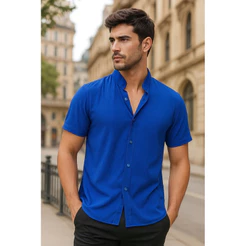 Camisa Masculina Gola Padre Manga Curta para Praia Estilo Viscolinho