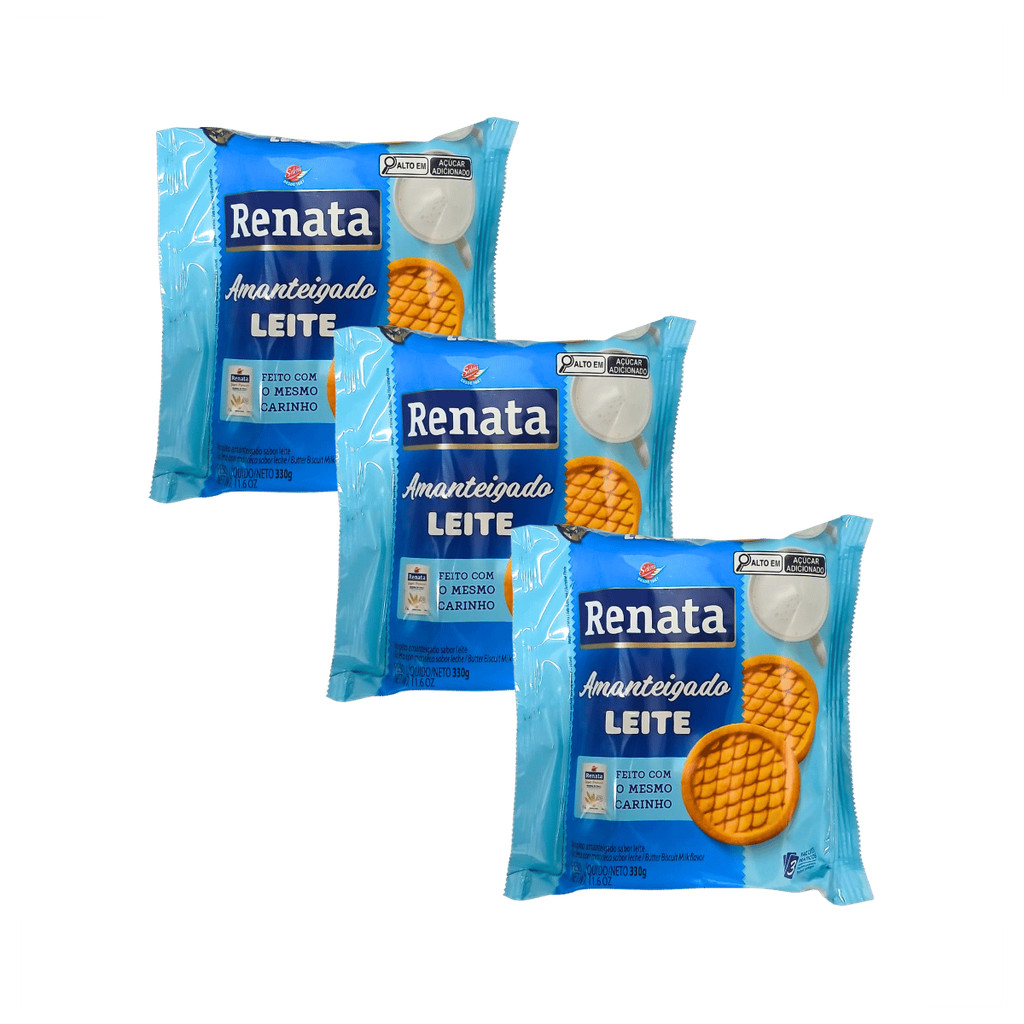 Biscoito Amanteigado Sabor Leite 330g Renata - Kit com 3 Unidades Deliciosas e Crocantes