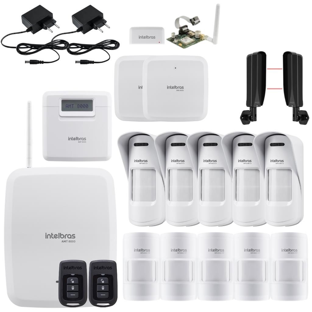Kit Alarme Intelbras AMT 8000 | 5 IVP PET + 5 IVP PET EX + Barreira IVA + Sirenes + Controle Celular