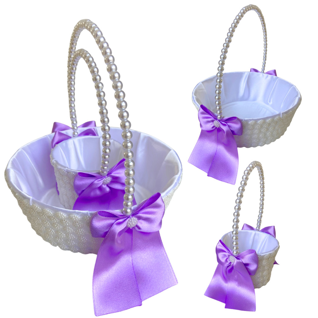 Cesta Daminha Florista + Cesta Alianças Lilás Com Pérolas