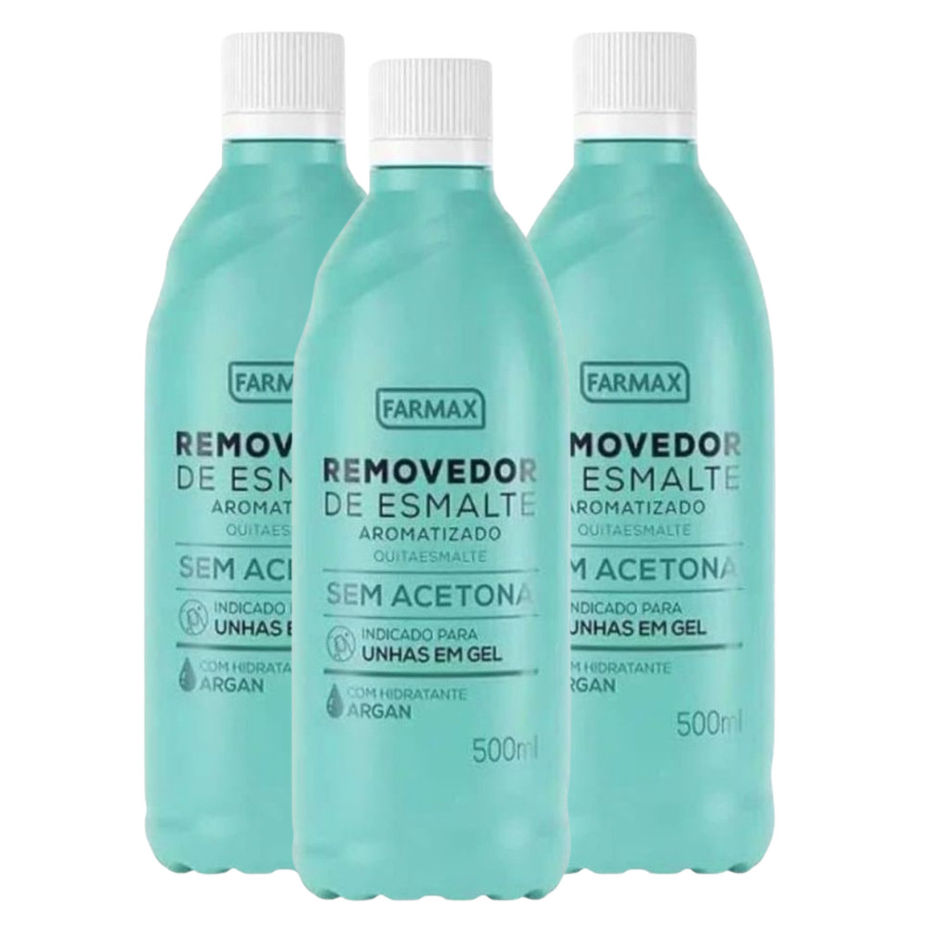 Kit 3 Removedor Farmax Argan Sem Acetona 500 ml Glicerina Nutritivo Unhas em Gel Hidratação Suave