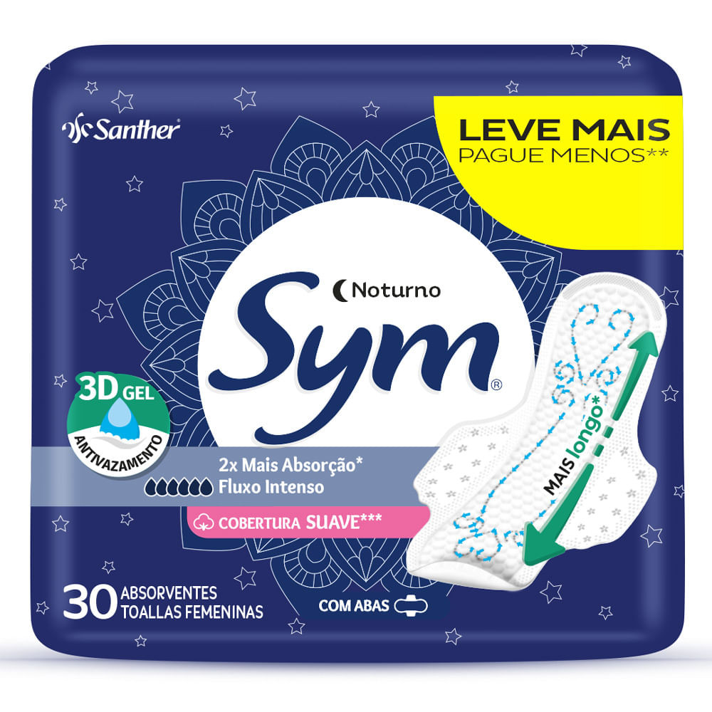 Absorvente Sym Noturno Cobertura Suave com Abas 30 Unidades Leve Mais Por Menos - Health