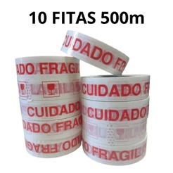 Kit com 10 Fita Adesiva Cuidado Fragil 500m Larga Para Embalar - Importada