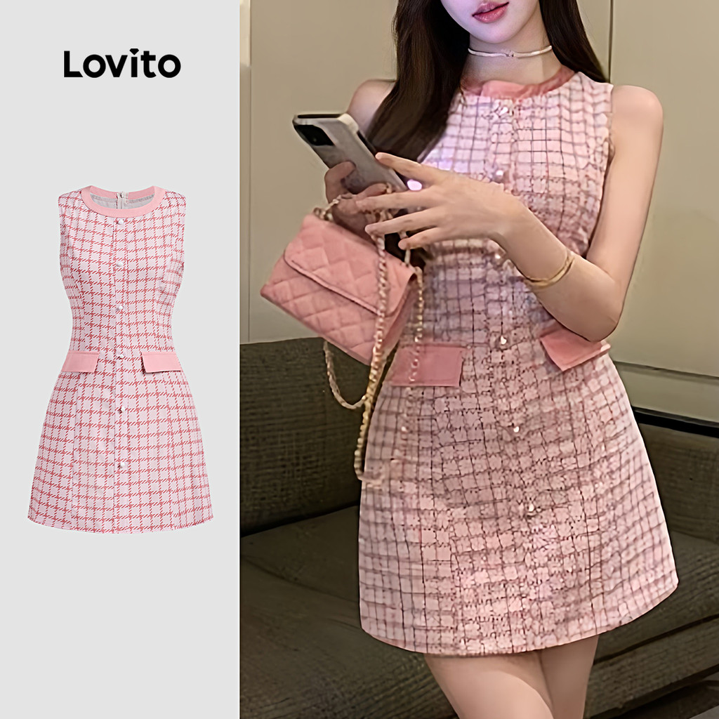 (New) Lovito Vestido Elegante Colorido com Bolso Falso Primavera/verão Rosa para mulheres L142ED231 em Oferta na Shopee