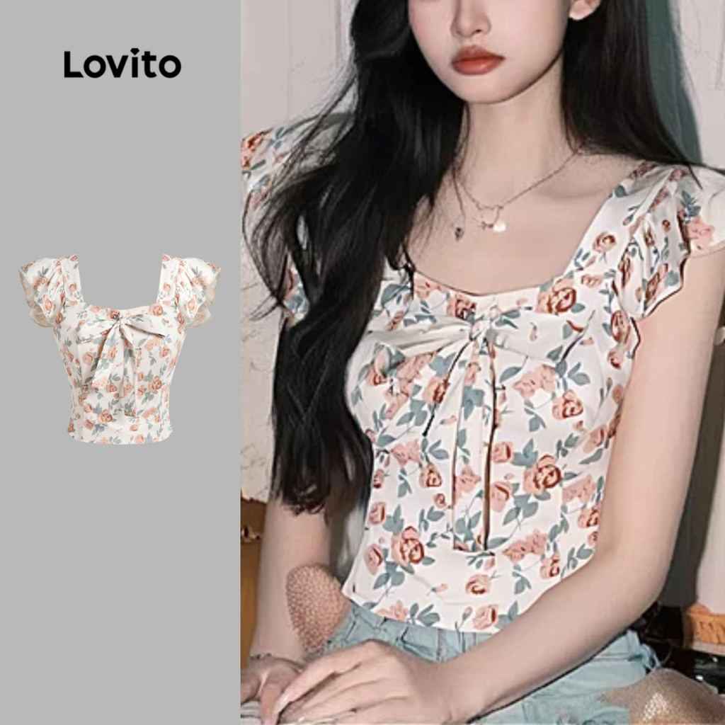 Lovito Blusa Boho com Laço Suave e Confortável Blusa de Primavera/verão para Mulheres L137ED095